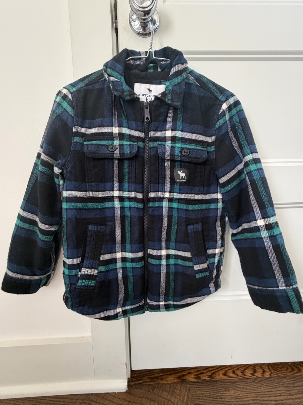 abercrombie kids navy and teal plaid puffer jacket